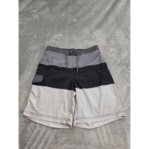 George‎ Mens Board Shorts Black Grey Striped Swim Trunks Size Medium 32-34